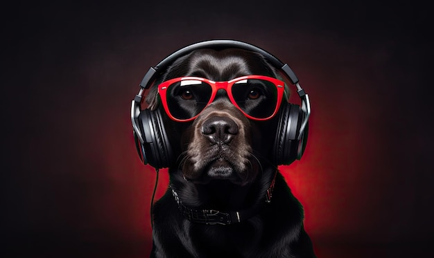 Stylowy pies labrador DJ w okularach i słuchawkach Muzyczny szczeniak Stworzony przy użyciu generatywnych narzędzi AI