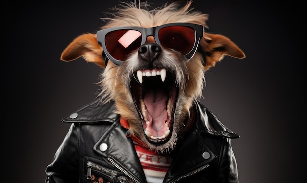 Stylowy pies w punkowym stroju Zabawny pies w skórzanej kurtce i okularach przeciwsłonecznych emitujący czarne tło Stworzony za pomocą narzędzi sztucznej inteligencji generatywnej