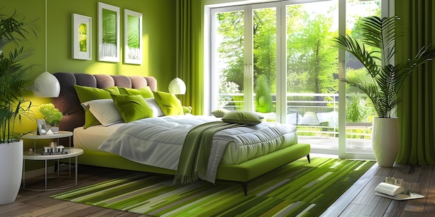 Zdjęcie stylowy projekt wnętrz współczesna sypialnia z przytulnymi zielonymi akcentami koncepcja nowoczesna sypialni przytulne akcenty zielony dekor stylowy dizajn wnętrz