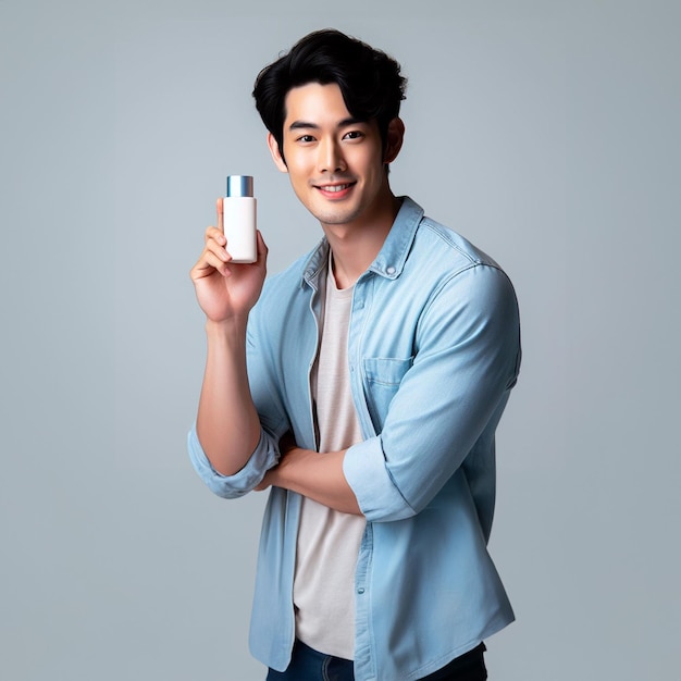 stylowy przystojny nieskazitelny przypadkowy azjatycki koreański oppa mężczyzna uśmiechający się trzymający produkt do pielęgnacji skóry izolowany bg