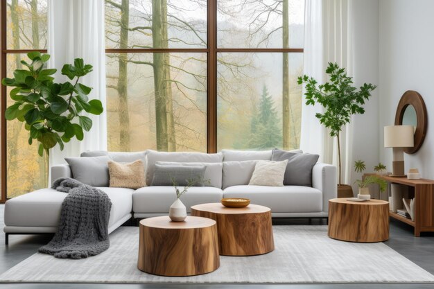Stylowy salon z dużą kanapą, stolikami do kawy i roślinami.