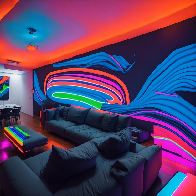 Stylowy salon z neonowymi dziełami sztuki w centrum uwagi