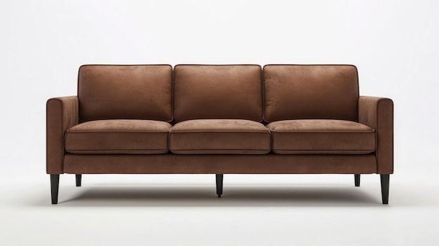 Stylowy salon z nowoczesnym i minimalistycznym projektem mebli z brązową kanapą w stylu skandynawskim na białym tle