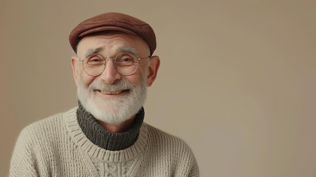 Stylowy starszy mężczyzna w kapeluszu uśmiechający się pozytywne emocje na pastelowym tle z miejscem dla tekstu