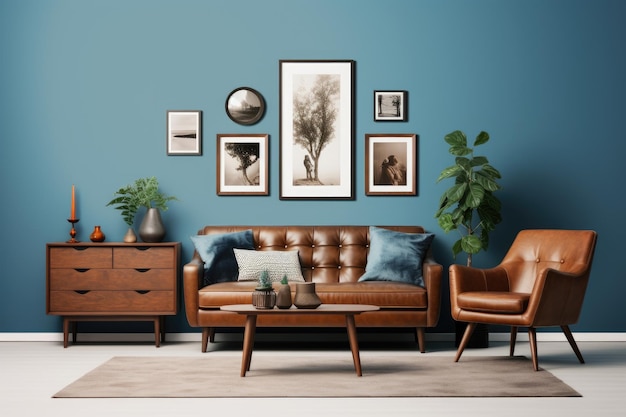 Stylowy szablon wystroju domu przedstawiający zharmonizowany salon z brązową sofą i niebieskim komunikatorem