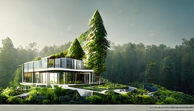 Stylowy szklany dom w lesie 3d ilustracja renderowania 3d