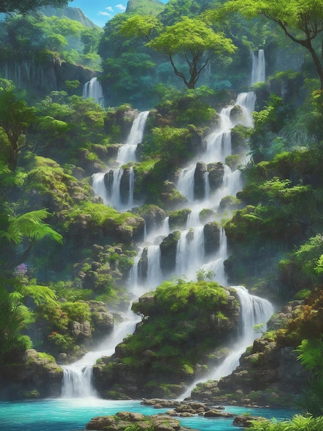 Stylowy ultra realistyczny ogród Eden piękny wodospad piękne kolorowe drzewa