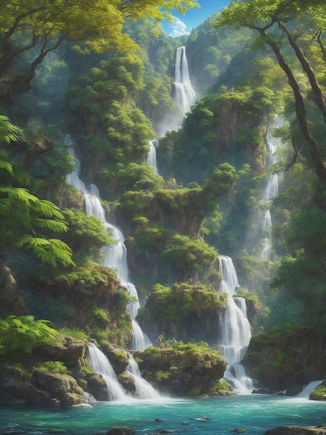 Stylowy ultra realistyczny ogród Eden piękny wodospad piękne kolorowe drzewa