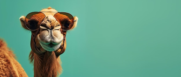 Stylowy wielbłąd z okularami przeciwsłonecznymi na turkusowym tle