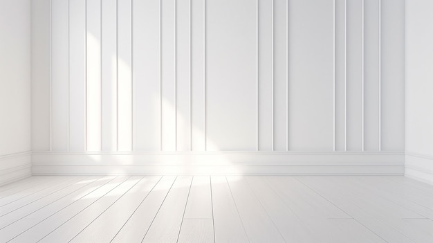 Stymulacja 3D białego wnętrza pokoju i podłogi z desek drewnianych światłem słonecznym