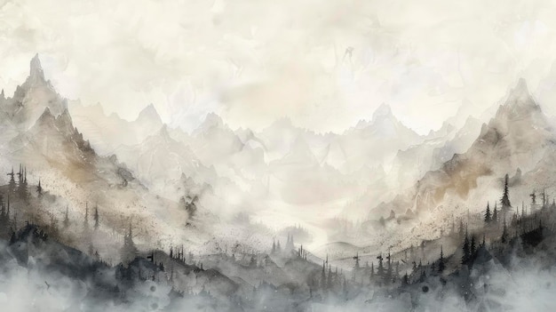 Subtle Majesty Minimalistyczna akwarela przedstawiająca krajobraz Skyrim w beżowych i szarych odcieniach