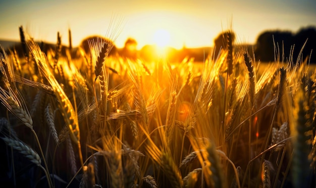 Suche dojrzałe kłosy pszenicy w polu Kolce kukurydzy z bliska w świetle zachodzącego słońca Generative AI