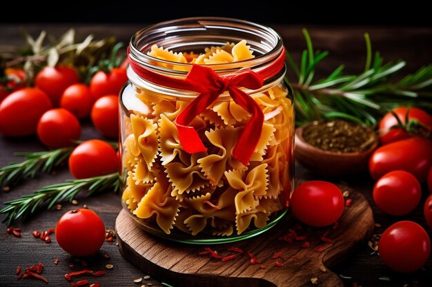 Zdjęcie suche kolorowe włoskie makarony farfalle lub łuki i fettuccini ze szklanym słoikiem pomidorów rozmaryn