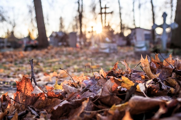 Suche opadłe liście gromadzone są w stos na cmentarzu na tle nagrobków