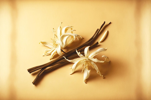 Zdjęcie suche ziarna wanilii z dwoma białymi kwiatami i kremem waniliowym na beżowym tle