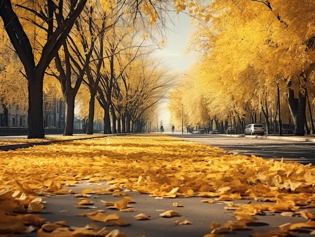 suche żółte liście klonu spadające w jesiennym parku wygenerowały ai