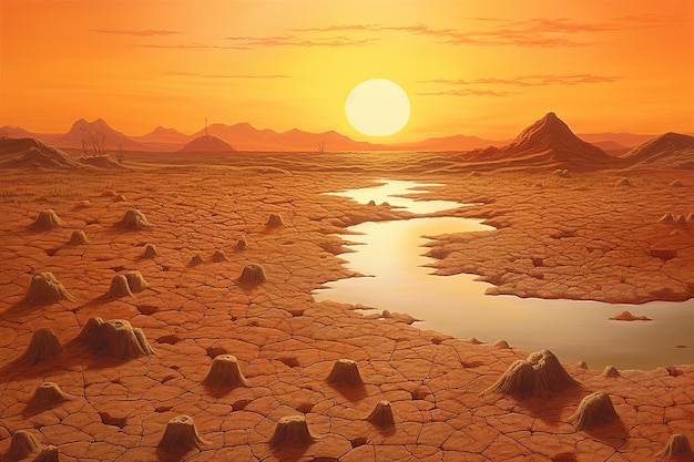 Suchy ląd o zachodzie słońca reprezentujący suszę i brak koncepcji zmiany klimatu wody Generative AI