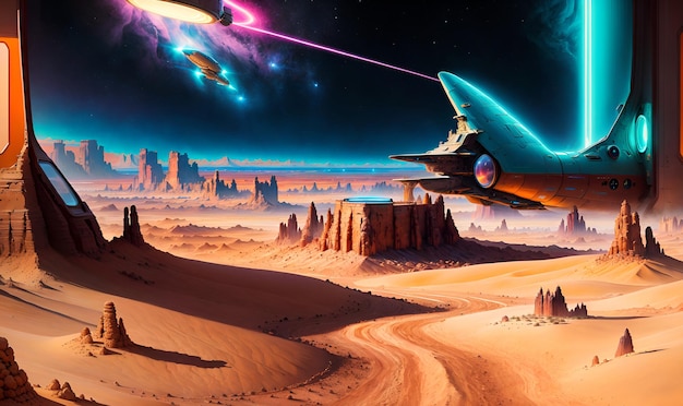 Suchy Pustynny Krajobraz nieznanego Marsa Obca planeta scifi Czerwona planeta Kratery powierzchniowe Góry Pochmurne niebo Obce miasto high-tech Świat fantasy Generacyjna sztuczna inteligencja