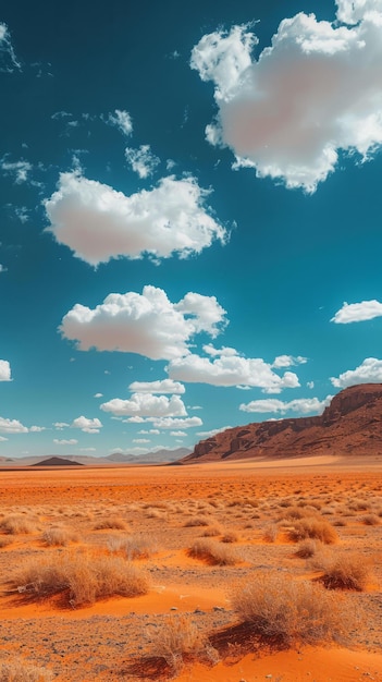 Suchy pustynny krajobraz z niebieskim niebem i białymi chmurami