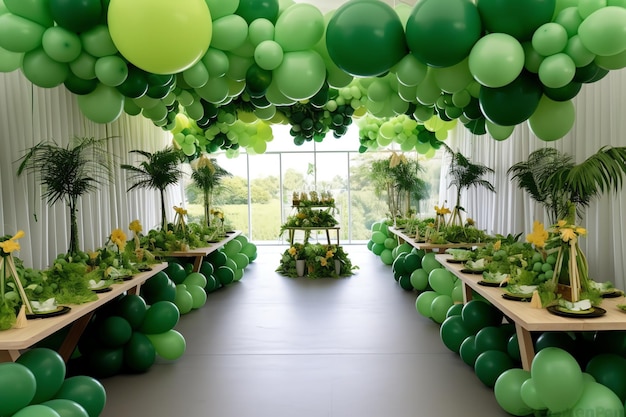 Sufit z zielonego balonu z wiązką zielonych balonów zwisających z sufitu.