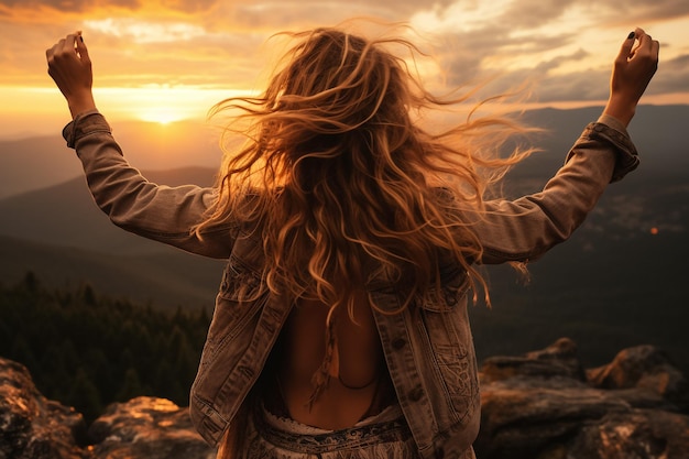 Zdjęcie sukces kobieta turystka wędrówka na wschód słońca szczyt góry młoda kobieta z plecakiem wzniesienie na szczyt gór discovery travel destination concept