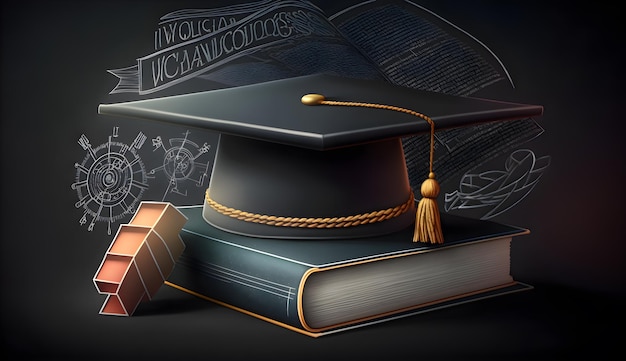 Sukces naukowy zdjęcia symbolizowany przez czapkę dyplomową i książki na tle tablicy generatywnej ai