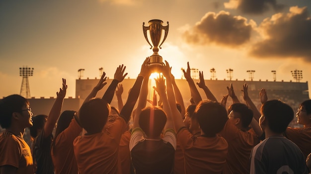 Sukces pracy zespołowej wspólne osiągnięcie celu w biznesie i życiu Zwycięska drużyna trzyma trofeum w rękach Silhuety wielu rąk w zachodzie słońca