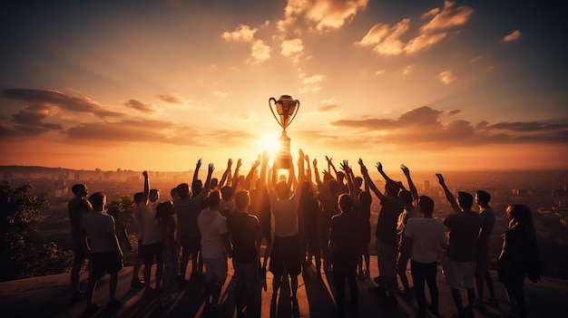 Sukces pracy zespołowej wspólne osiągnięcie celu w biznesie i życiu Zwycięska drużyna trzyma trofeum w rękach sylwetki wielu rąk w zachodzie słońca
