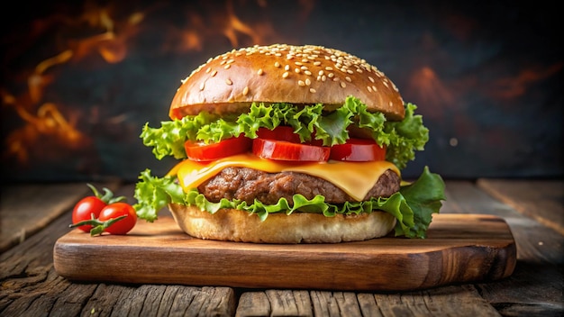 Sukculent Gourmet Burger na rusztycznej drewnianej desce Kulinarna rozkosz