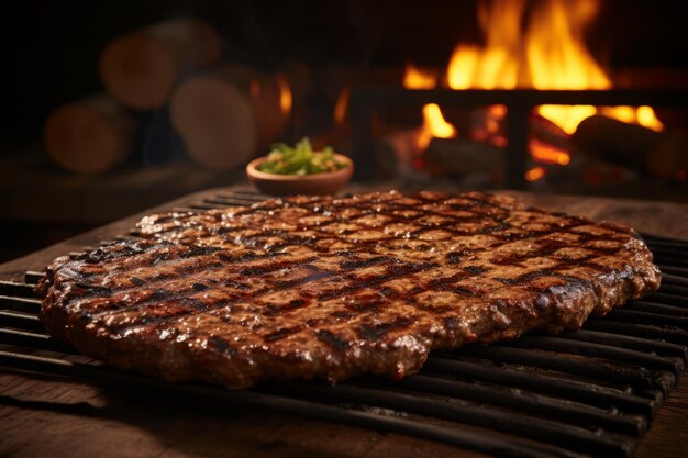 Sukculent grilled meat burger patty z roztopionym serem i świeżymi dodatkami na wiejskiej drewnianej desce