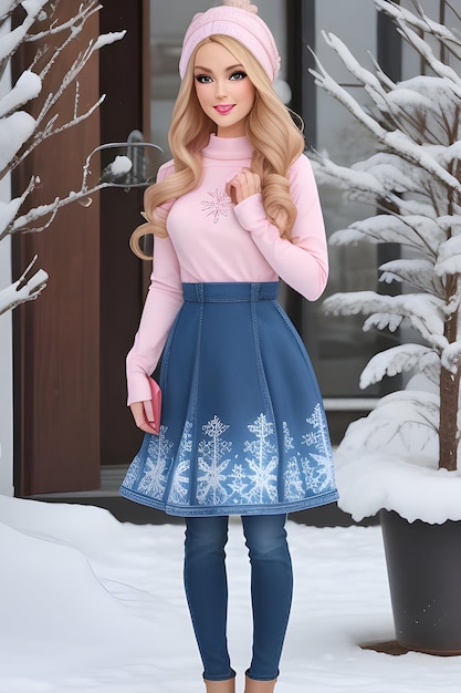 Sukienka zimowa Barbie, długa kurtka, różowe spodnie jeansowe Tshirt