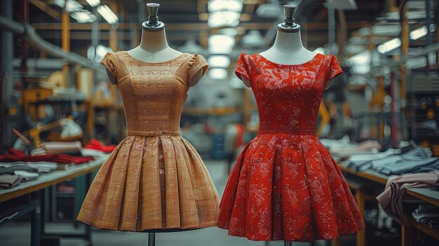 Sukienki z najnowszej kolekcji na manekinach w nowoczesnym atelierze