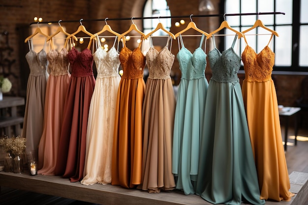 Suknia ślubna jest na wieszakach z różnymi sukienkami w sklepie w stylu jasnego błękitnego i ciemnego złota subwersyjne przywłaszczenie jasnego fioletowego i brązowego innowacyjne techniki