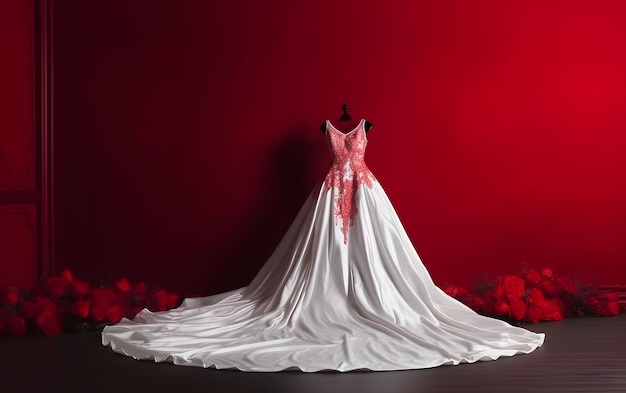 Suknia ślubna na manekinie z czerwonym tłem i białą suknią na nim.