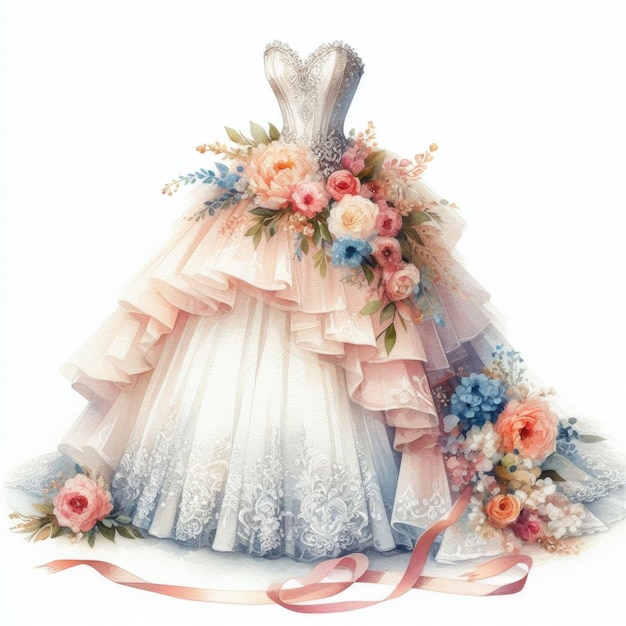 Suknia ślubna z kwiatami i wstążkami na białym tle Ilustracja akwarelowa