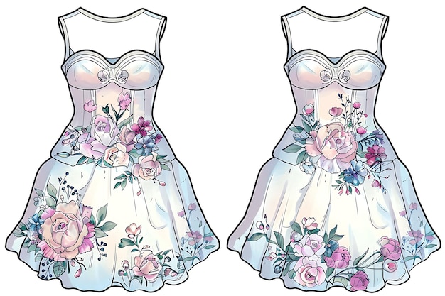 Suknia wycięta z ozdobnymi bukietami kwiatowymi Wzory na Bodice Ilustracja Kolekcja płaskiej odzieży