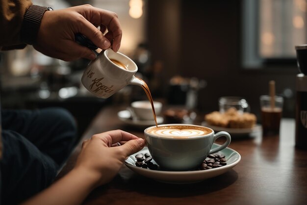 Sumienny barista przygotowuje świeżą latte dla klientów na przerwę kawową w kawiarni