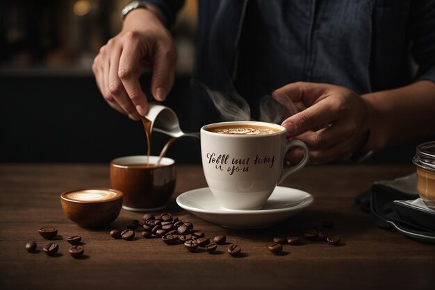 Sumienny barista przygotowuje świeżą latte dla klientów na przerwę kawową w kawiarni