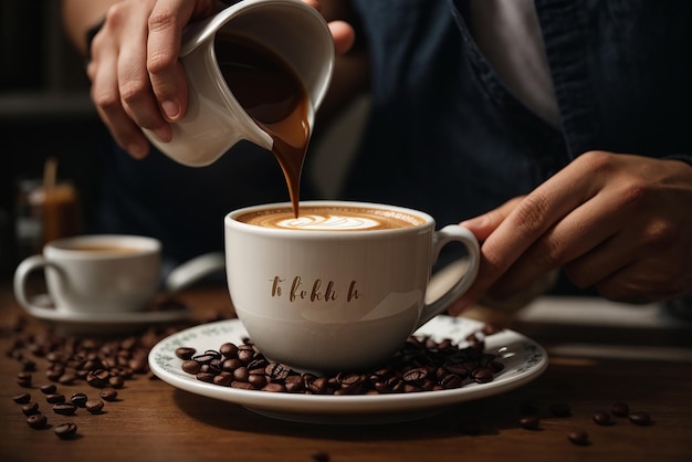 Sumienny barista przygotowuje świeżą latte dla klientów na przerwę kawową w kawiarni