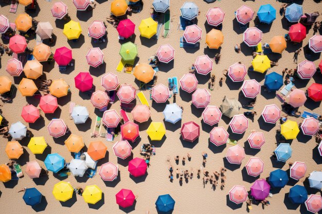Zdjęcie summer bliss kolorowy widok z powietrza zatłoczonych plażowców odpoczywających pod kolorowymi parasolami na pięknym piaszczystej plaży z turkusową wodą i tropikalną wyspą w tle