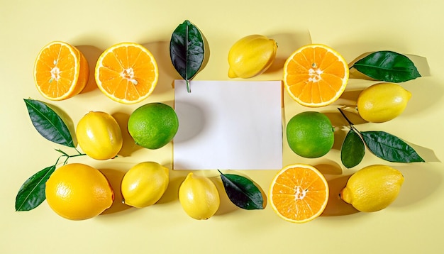 Zdjęcie summer citrus zachwyca pomarańcze cytryny i limonki na pastelowym żółtym tle świeże owoce minimalizm