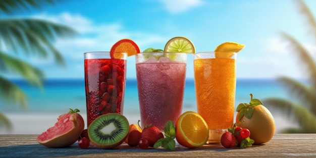 Summer Fruits Juiceson Tropical Beach Background Zdrowy napój bogaty w witaminy Generative Ai