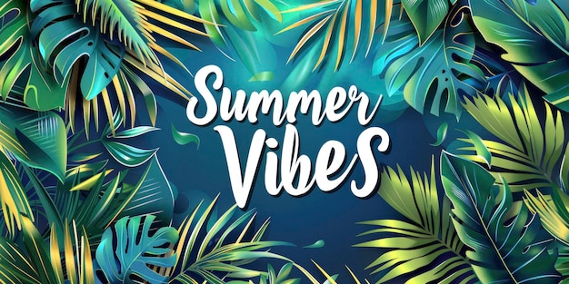 Summer Vibes Web Banner z tropikalnymi palmami i liśćmi przywołującymi esencję lata