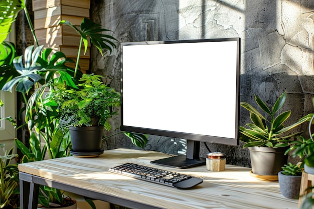 Sunkissed Office Nook z pustym monitorem i zieloną roślinnością