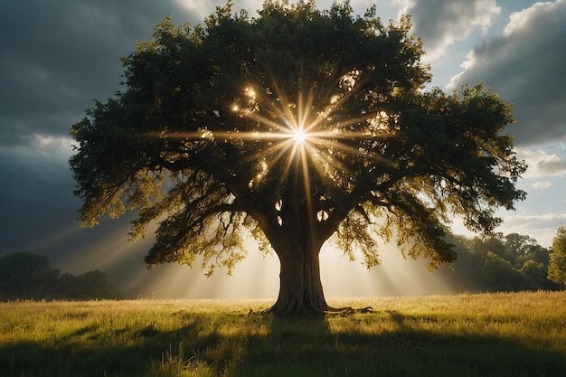 Zdjęcie sunlight creating halo around solitary tree