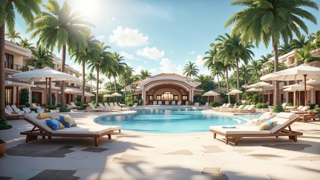 Sunny Oasis Tropikalny hotel z leżakami przy basenie i palmami