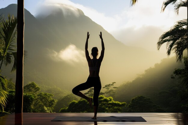 Sunrise Serenity Yoga na świeżym powietrzu w tropikalnym górskim krajobrazie