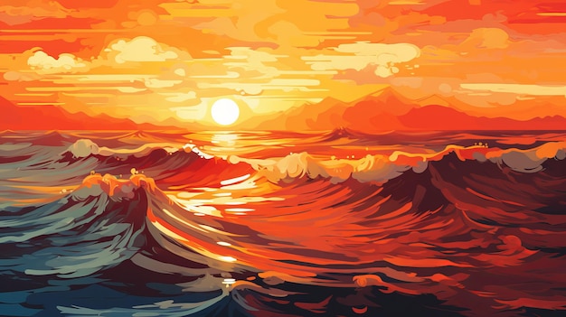 Sunset Ocean Digital Painting Ilustracja w stylu E Munch