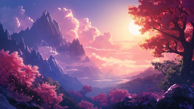 Sunset Over a Mystical Pink Blossom Mountain Range Generatywna sztuczna inteligencja