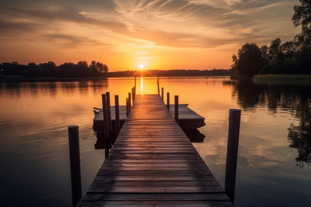 Sunset pier, jezioro, lato, scena podróży, generuj Ai.